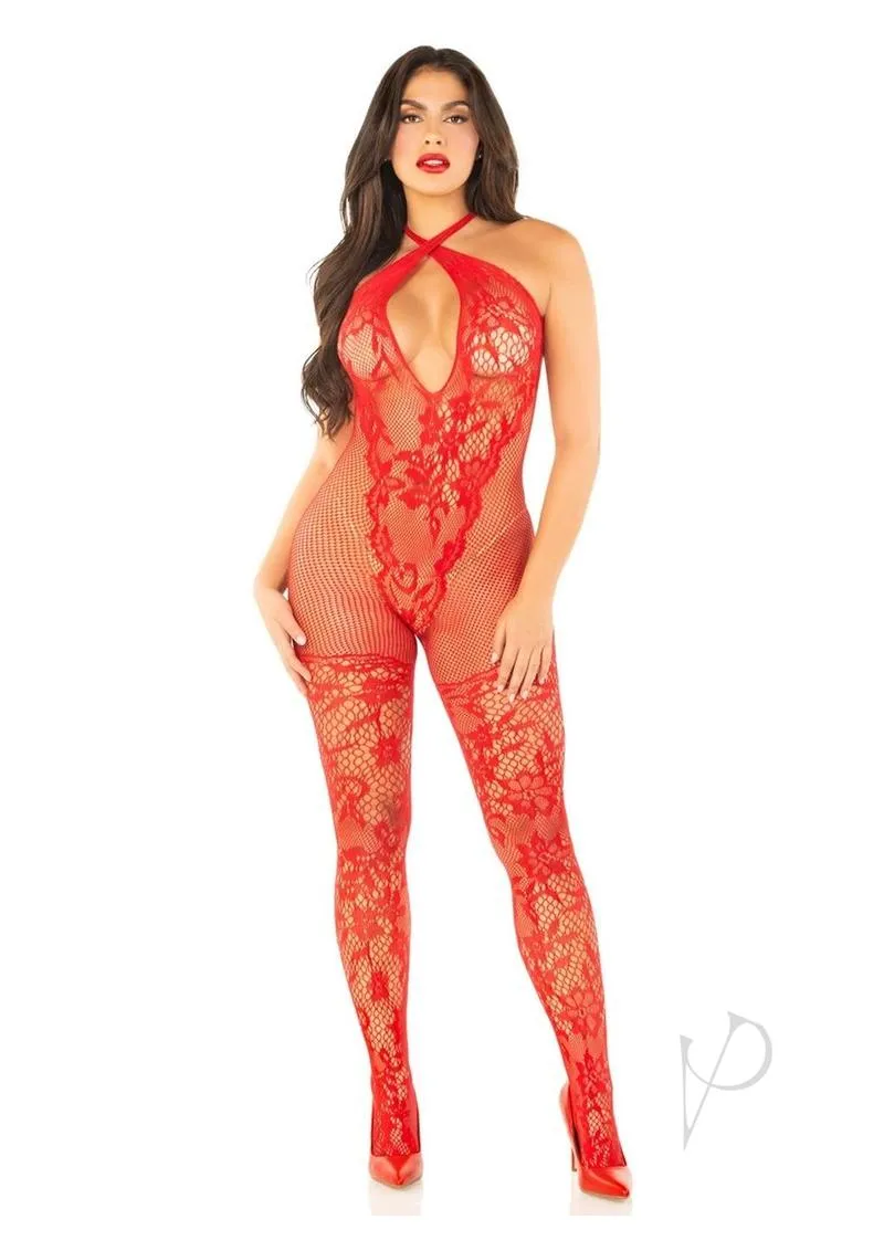 Seamless Net Lace Jumpsuit Halter Red Os