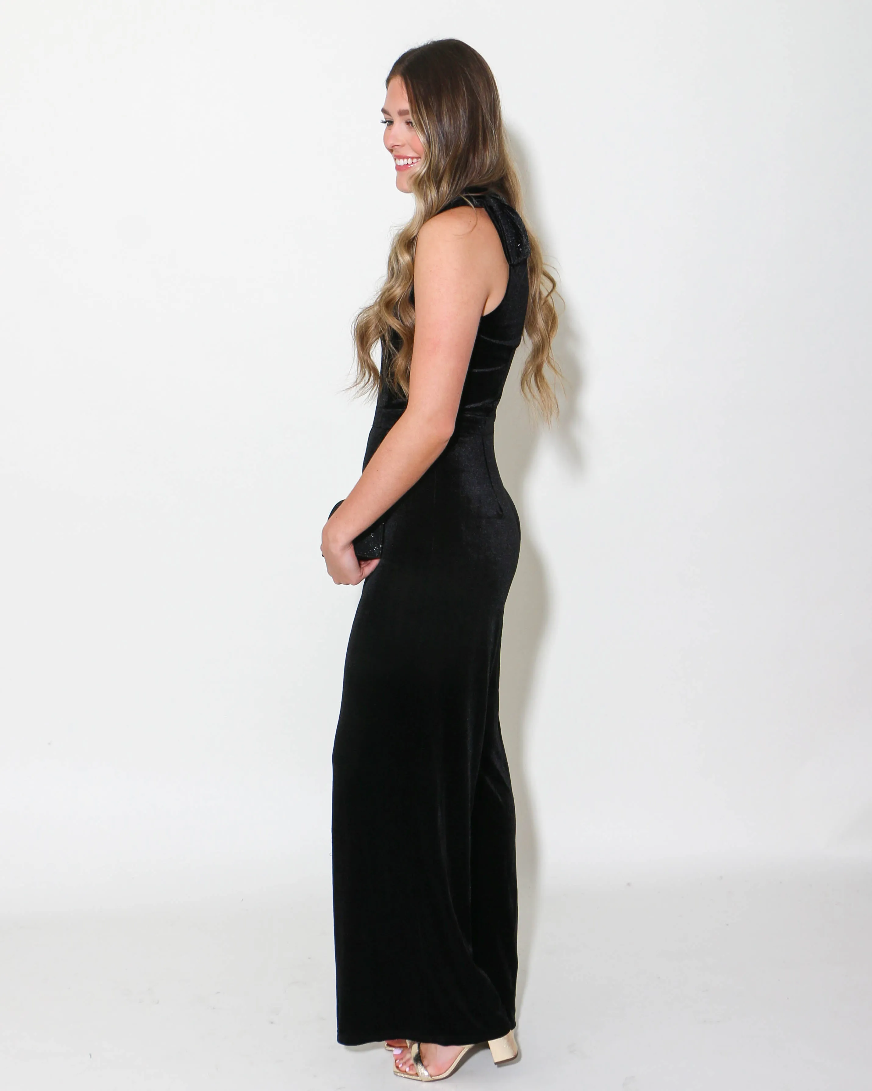 Sequined Bow Shoulder Velvet Jumpsuit