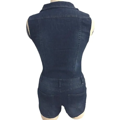 Sexy Ladies Slim Fit Sleeveless Cotton Denim Jumpsuit Blue