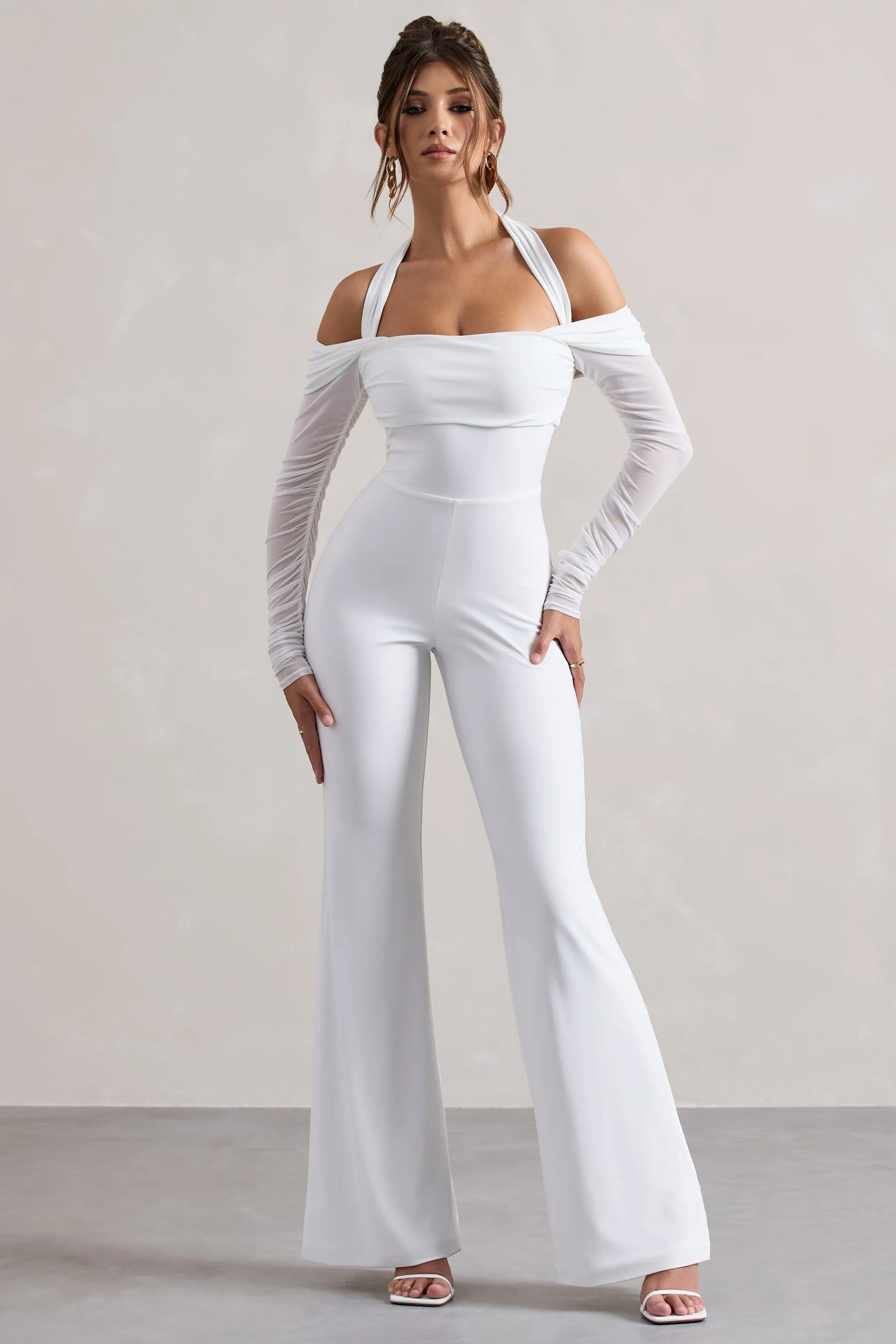 Shannon | White Ruched Halter-Neck Flared-Leg Jumpsuit