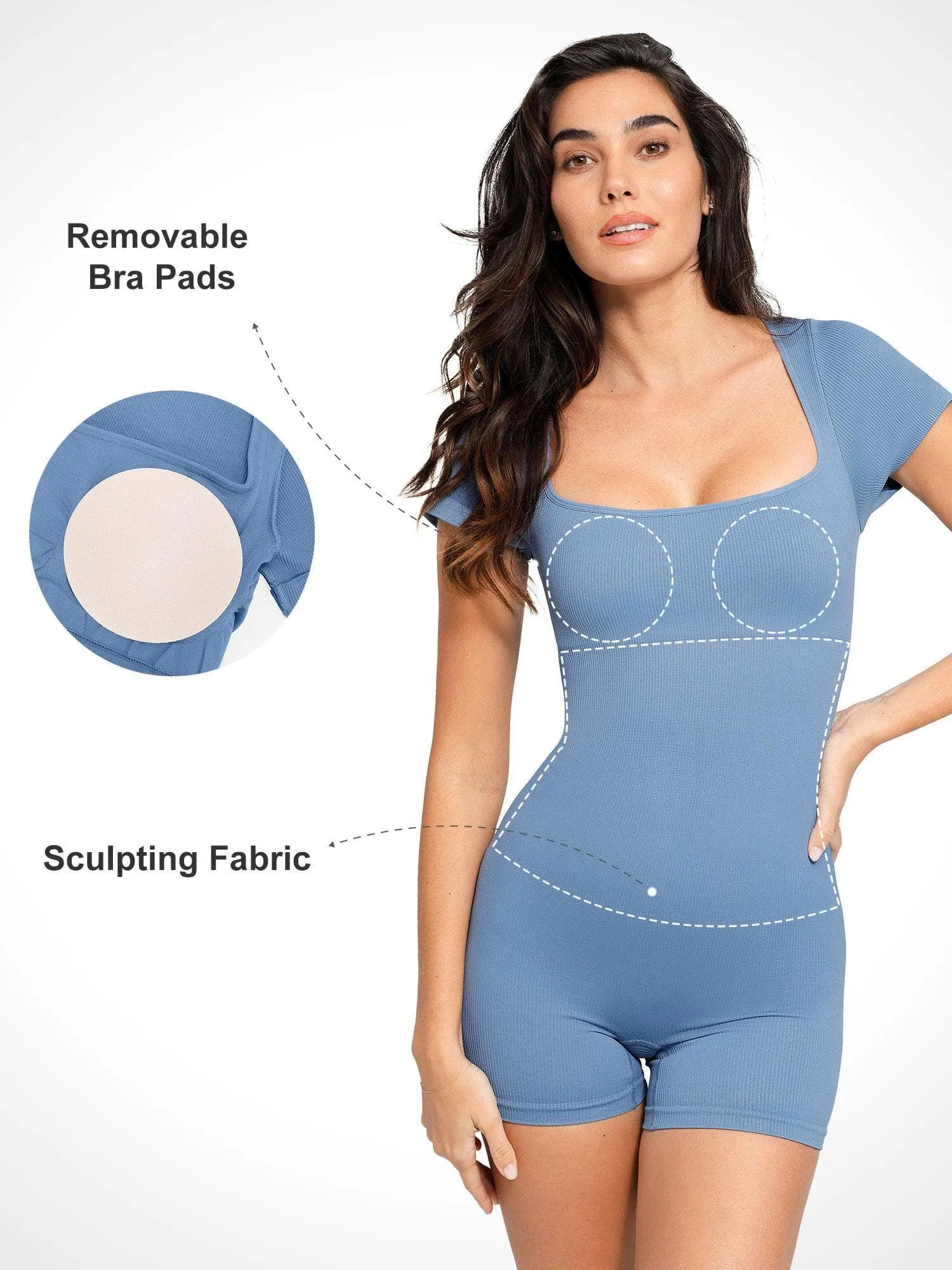 Shapewear Seamless Rib Square Neck Cap Sleeve Romper