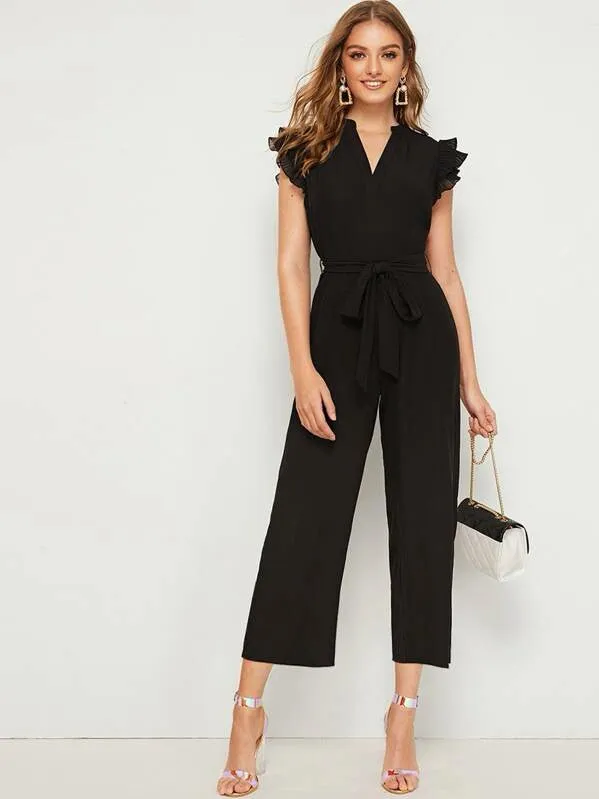 Shein Layered Pleated Sleeve Belted Jumpsuit