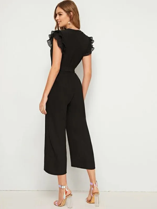 Shein Layered Pleated Sleeve Belted Jumpsuit