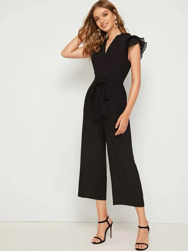 Shein Layered Pleated Sleeve Belted Jumpsuit