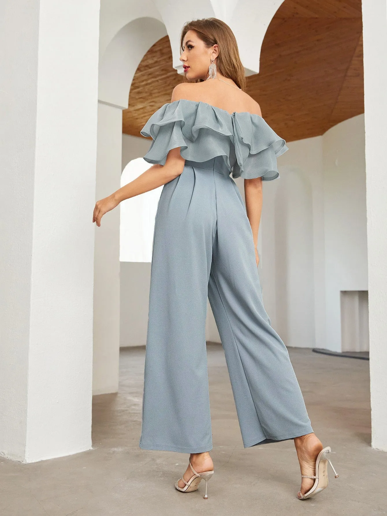 SHEIN Privé Off Shoulder Layered Ruffle Detail Palazzo Jumpsuit