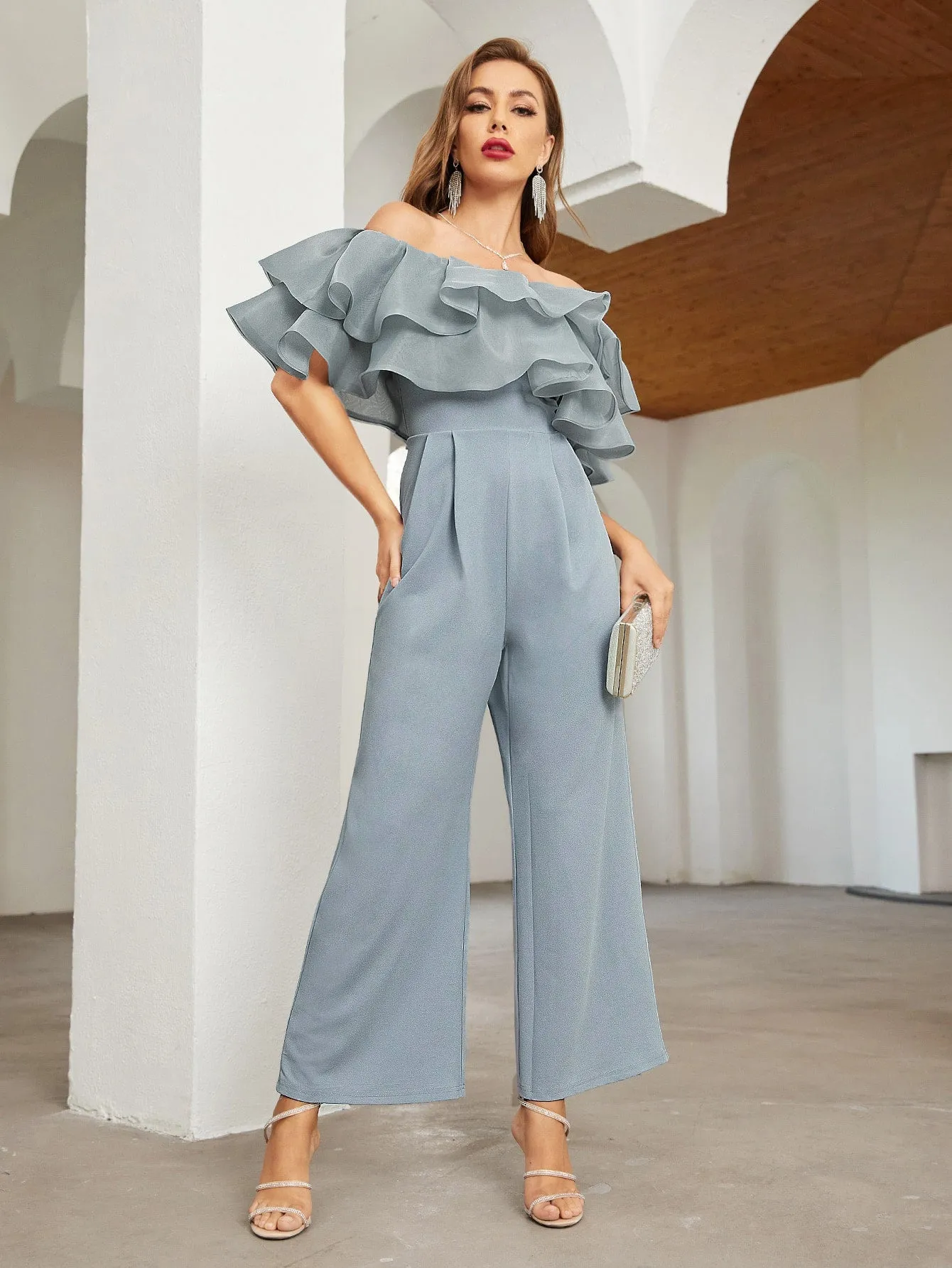 SHEIN Privé Off Shoulder Layered Ruffle Detail Palazzo Jumpsuit