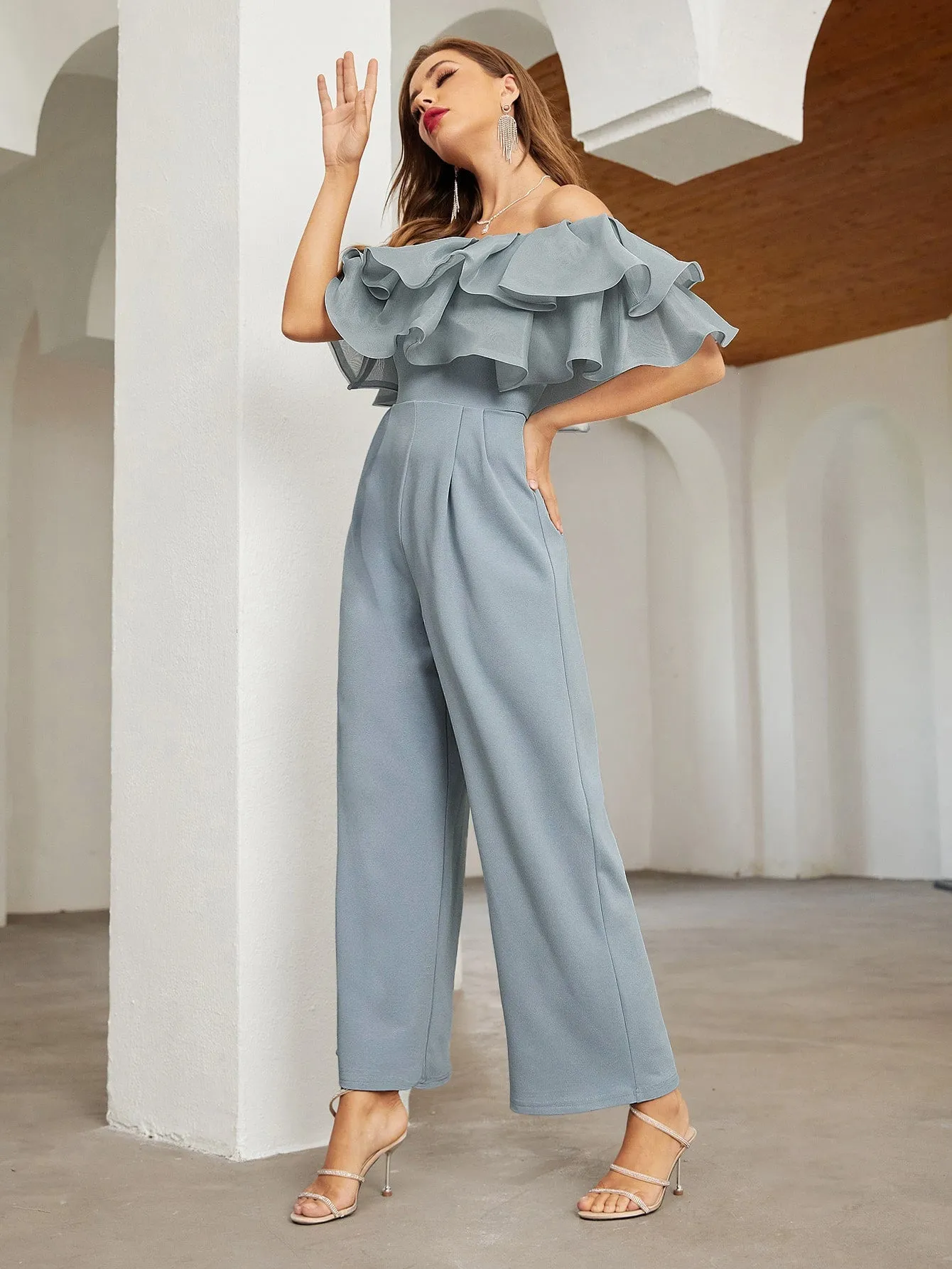 SHEIN Privé Off Shoulder Layered Ruffle Detail Palazzo Jumpsuit