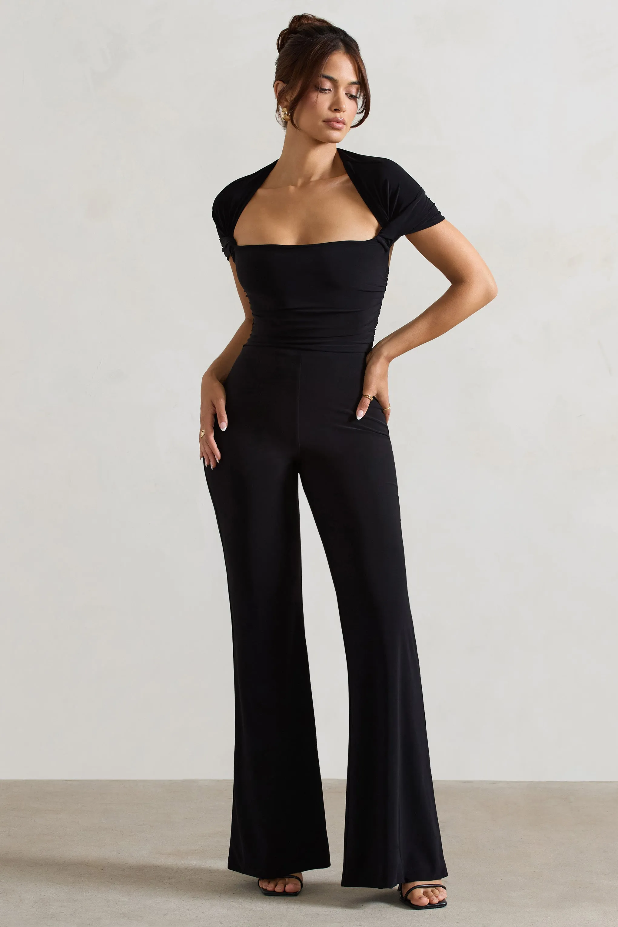 Silvanna | Black Ruched Square-Neck Flared-Leg Jumpsuit