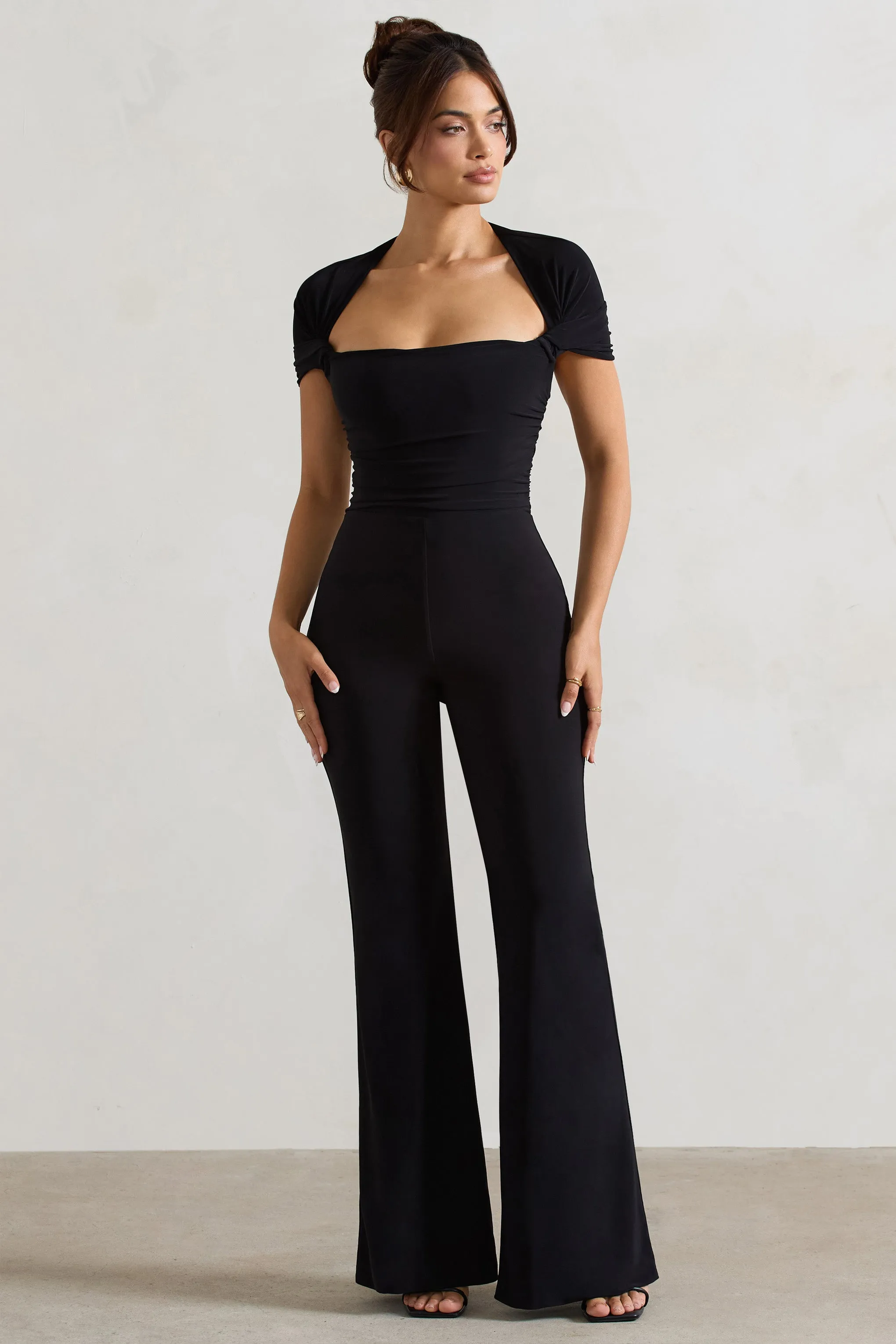 Silvanna | Black Ruched Square-Neck Flared-Leg Jumpsuit