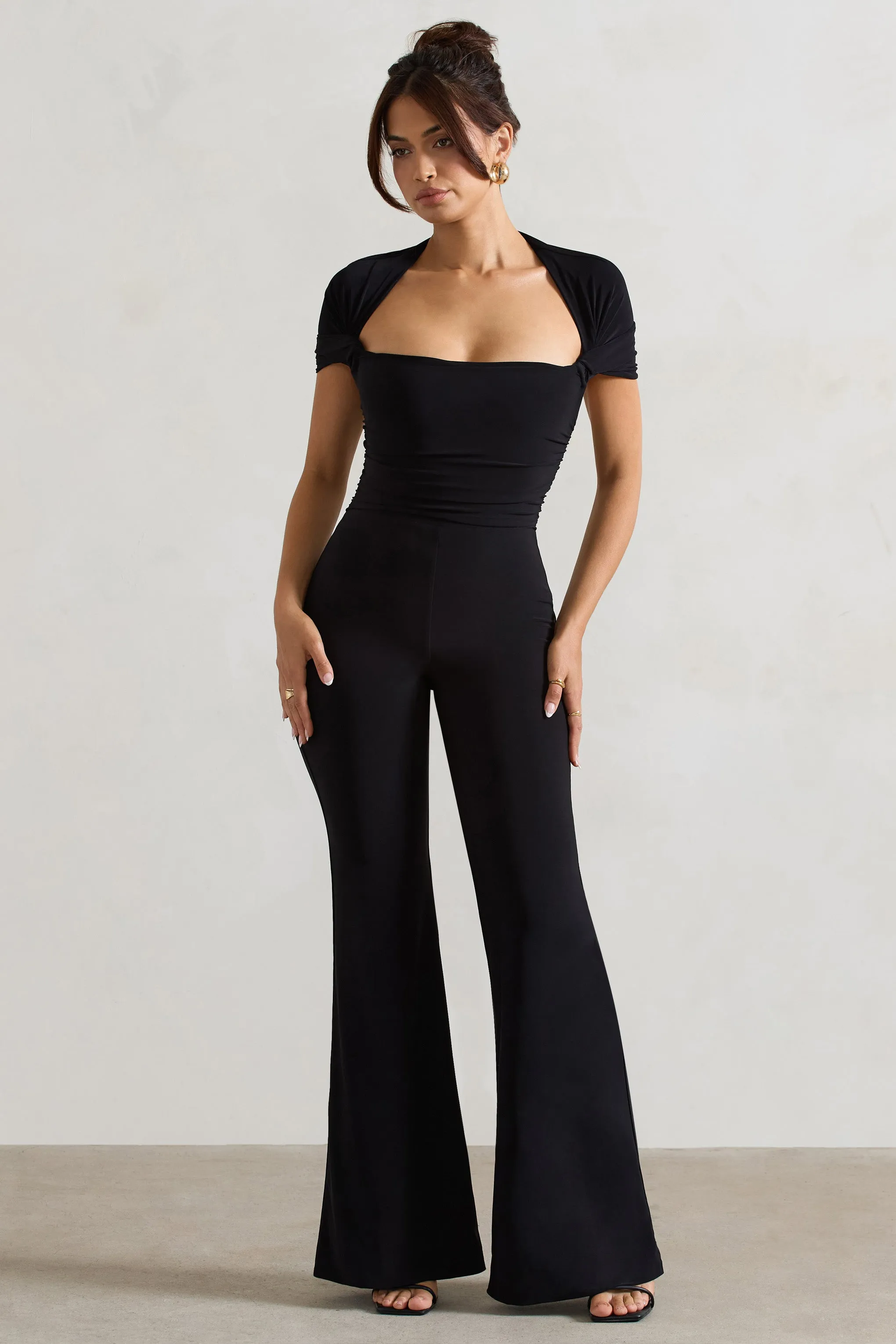 Silvanna | Black Ruched Square-Neck Flared-Leg Jumpsuit