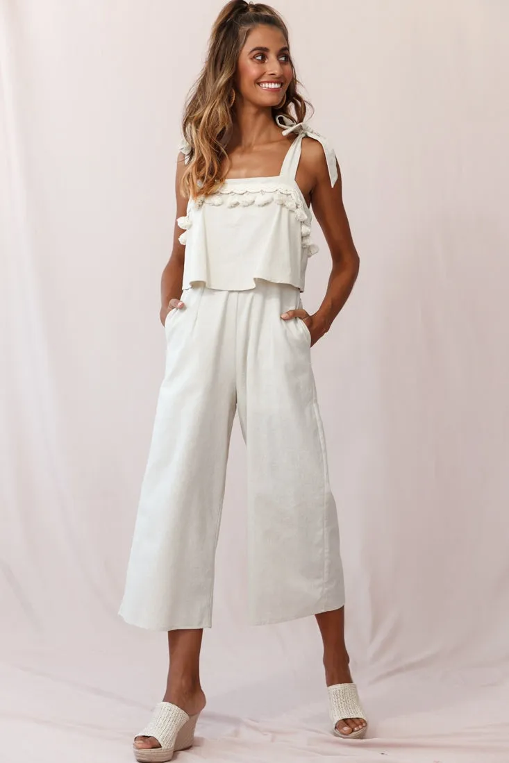 Sirocco Tassel Trim Tied Shoulder Midi Jumpsuit Natural