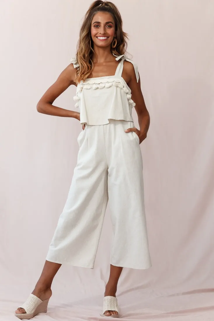 Sirocco Tassel Trim Tied Shoulder Midi Jumpsuit Natural