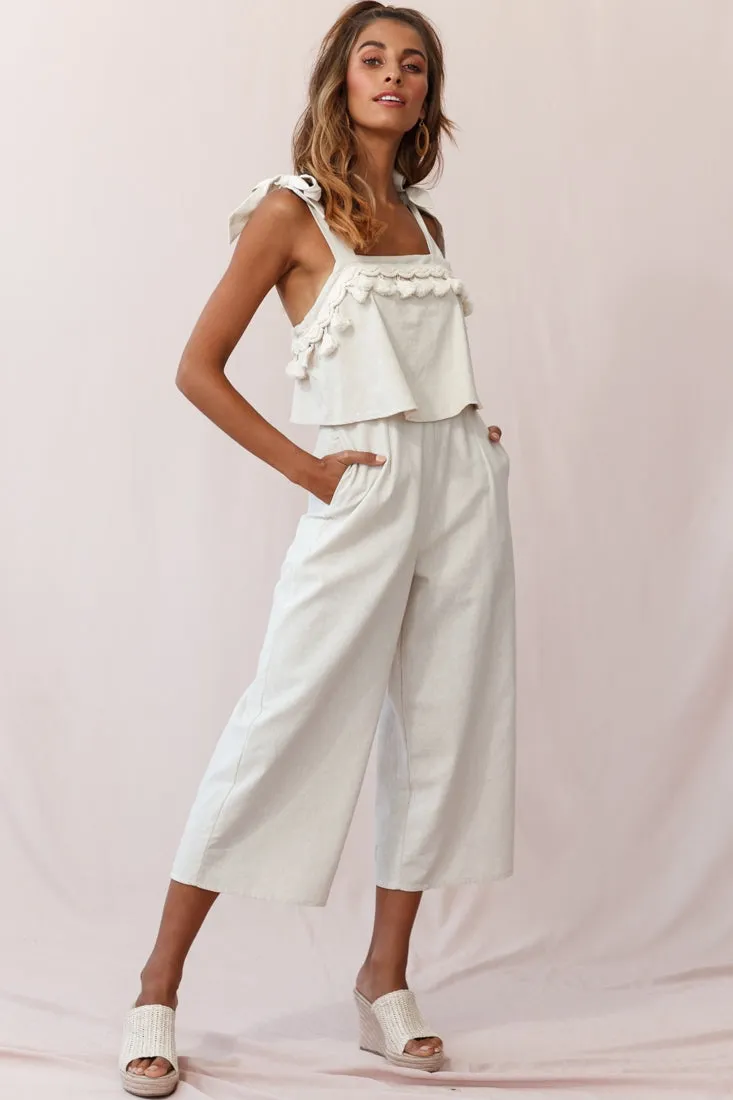 Sirocco Tassel Trim Tied Shoulder Midi Jumpsuit Natural