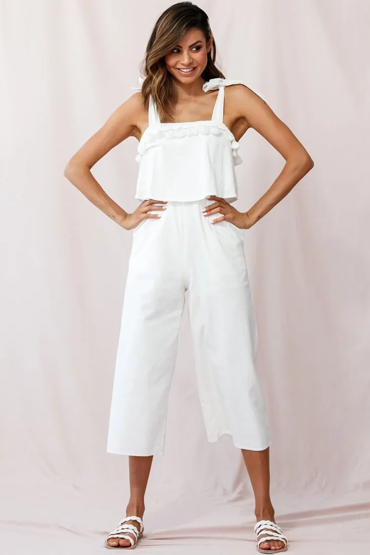 Sirocco Tassel Trim Tied Shoulder Midi Jumpsuit White