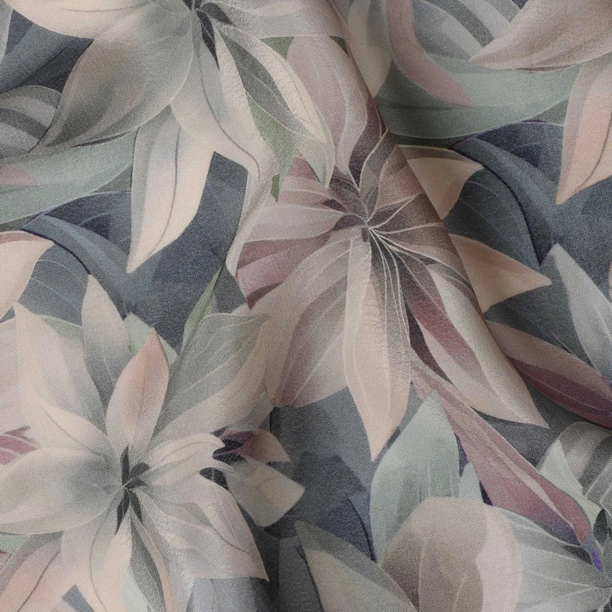 Slate Blue Viscose Digital Printed Fabric with Large Floral Design, 110 cm Width-D21319