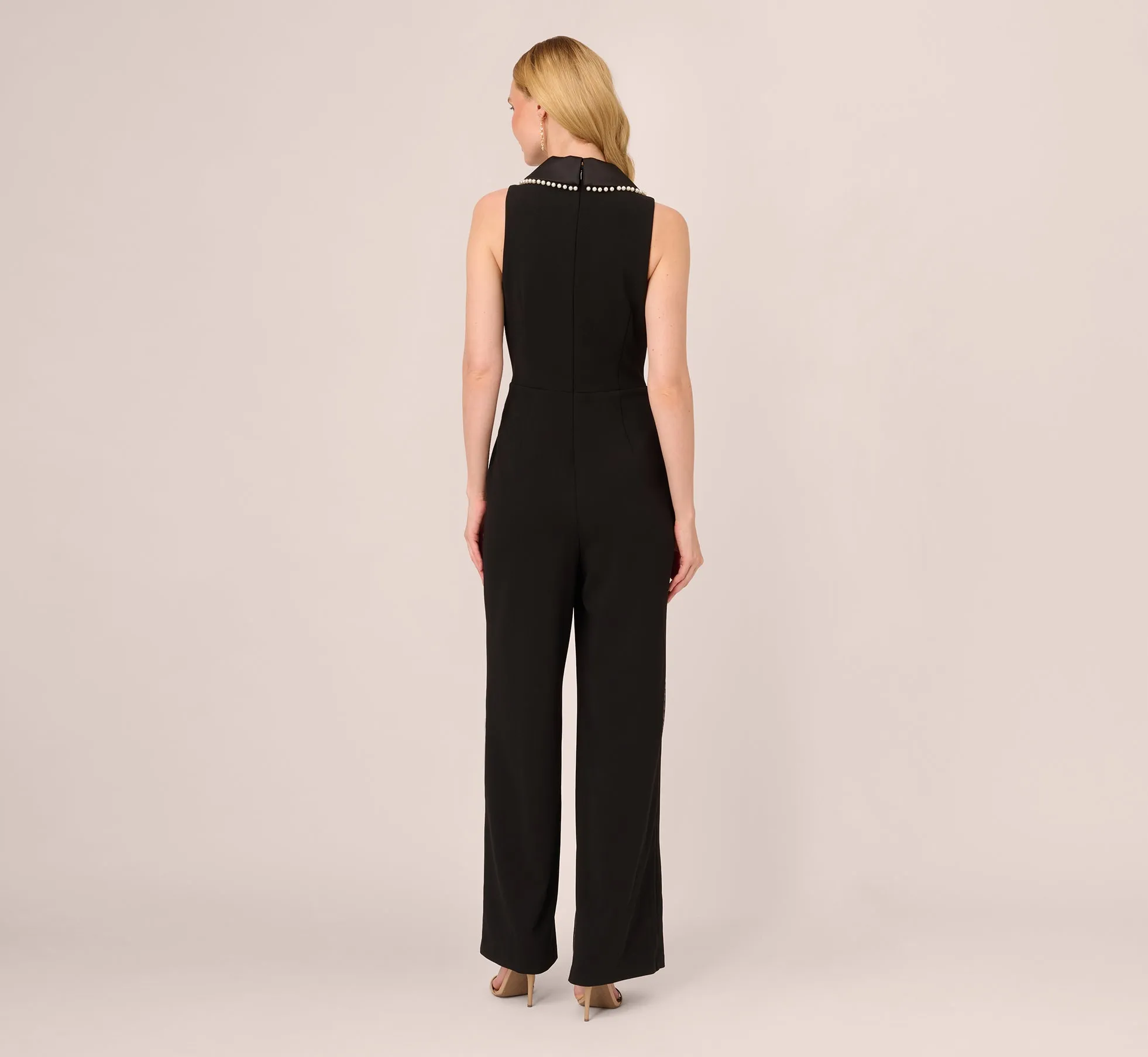 Sleeveless Crepe Tuxedo Jumpsuit With Pearl Trim In Black