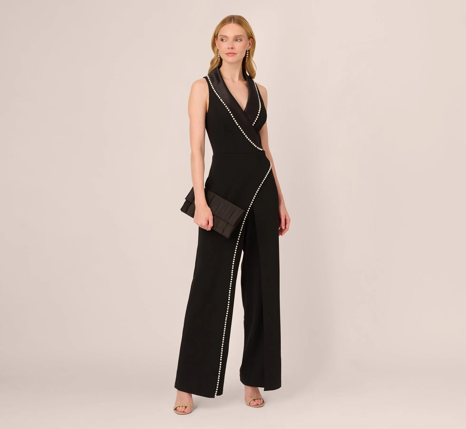 Sleeveless Crepe Tuxedo Jumpsuit With Pearl Trim In Black