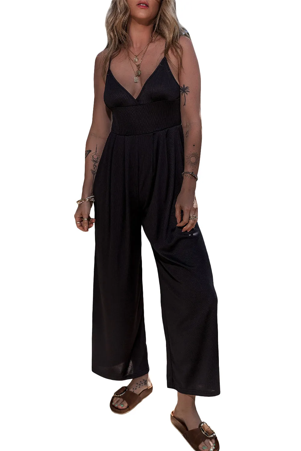 Sleeveless V-Neck Wide Leg Jumpsuit