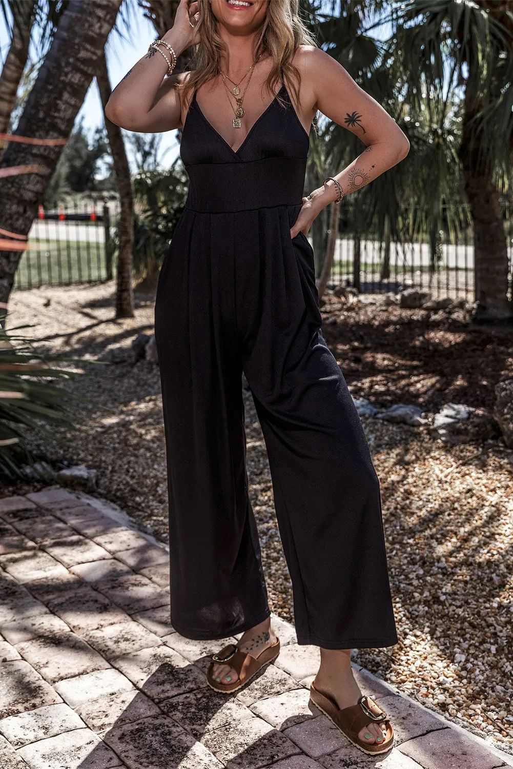 Sleeveless V-Neck Wide Leg Jumpsuit