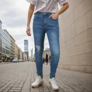 Slim Streetwear Jeans with Calf Hole and Elastic Waist