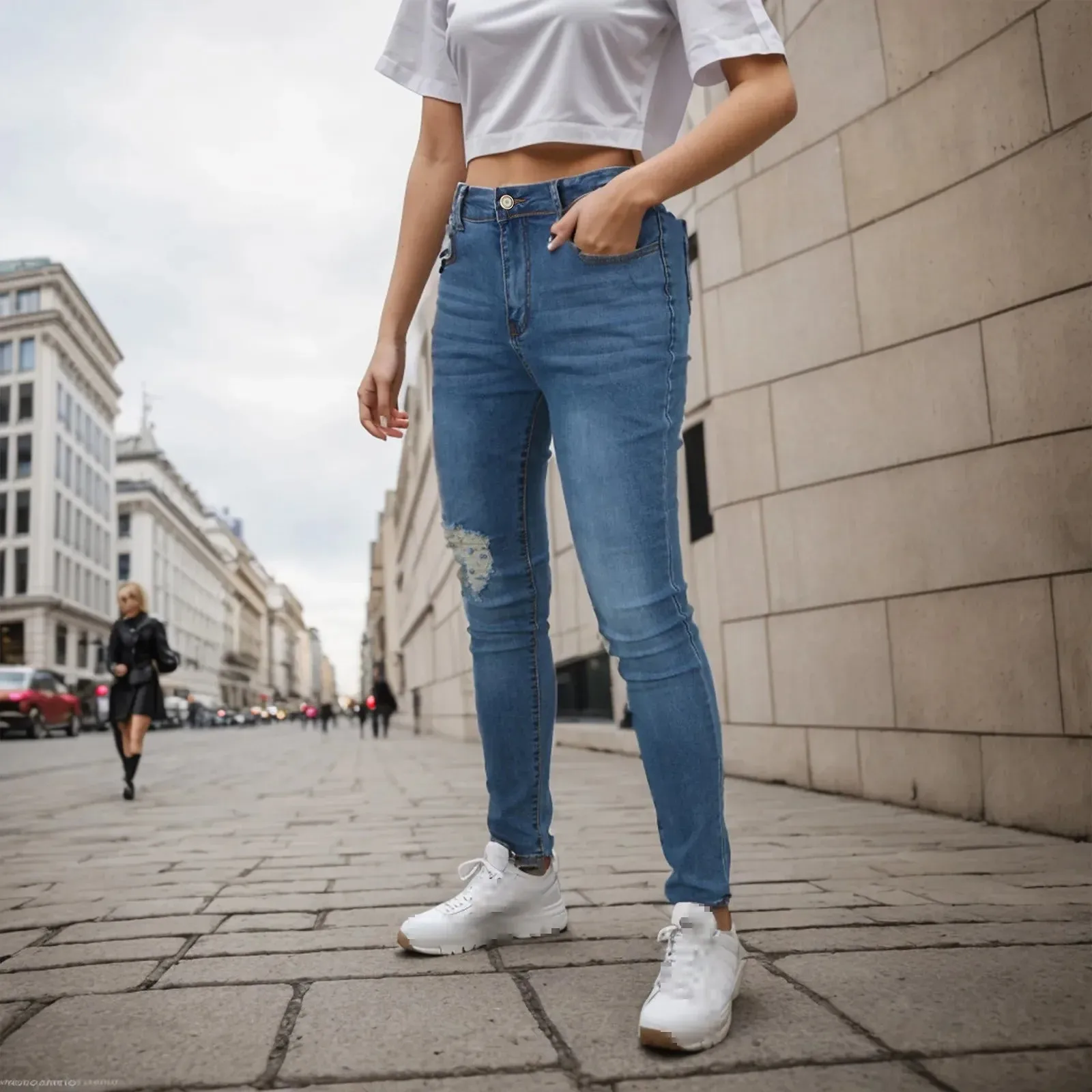 Slim Streetwear Jeans with Calf Hole and Elastic Waist