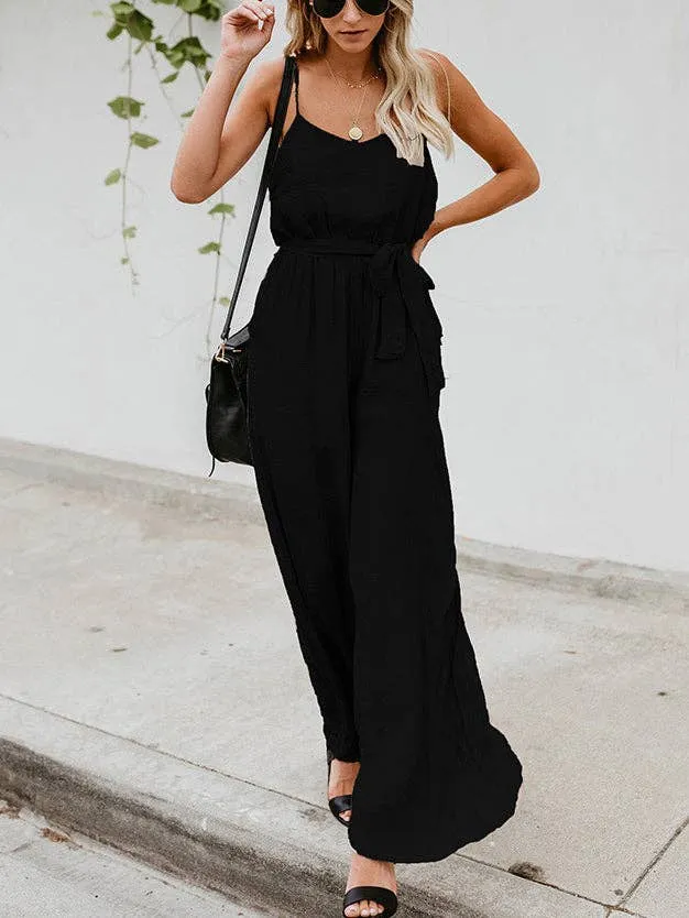 Sling Solid Belt Wide Leg Jumpsuit