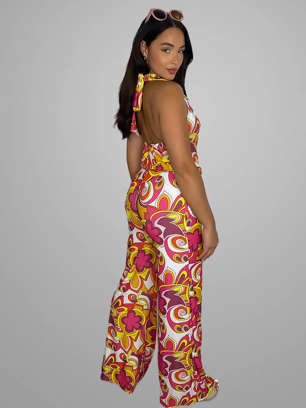 Slinky Tie Halter Neck Vibrant Pattern Jumpsuit