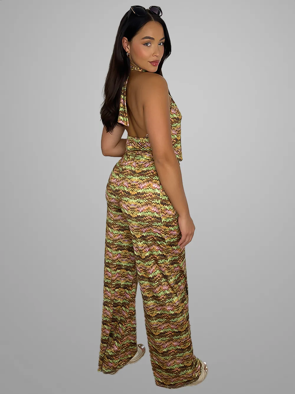 Slinky Tie Halter Neck Vibrant Pattern Jumpsuit