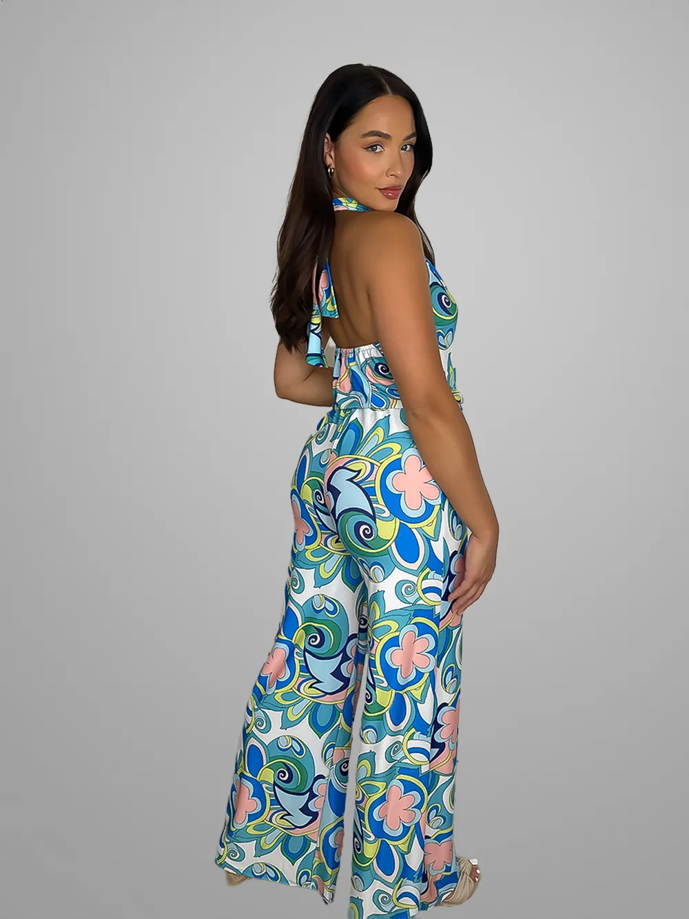 Slinky Tie Halter Neck Vibrant Pattern Jumpsuit