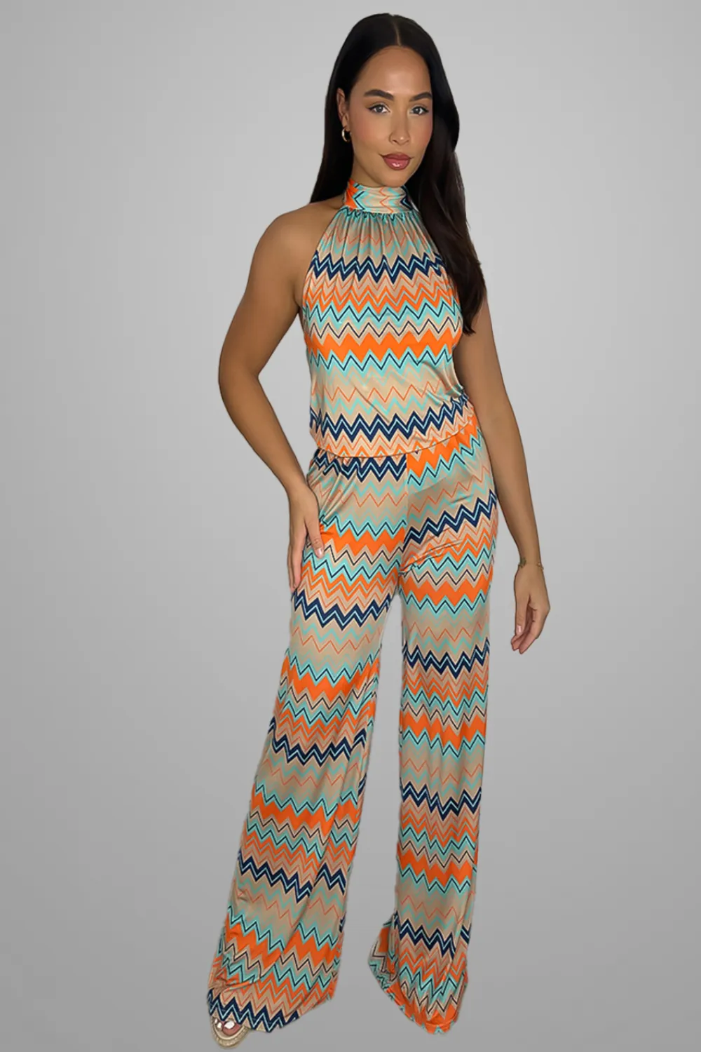 Slinky Tie Halter Neck Vibrant Pattern Jumpsuit