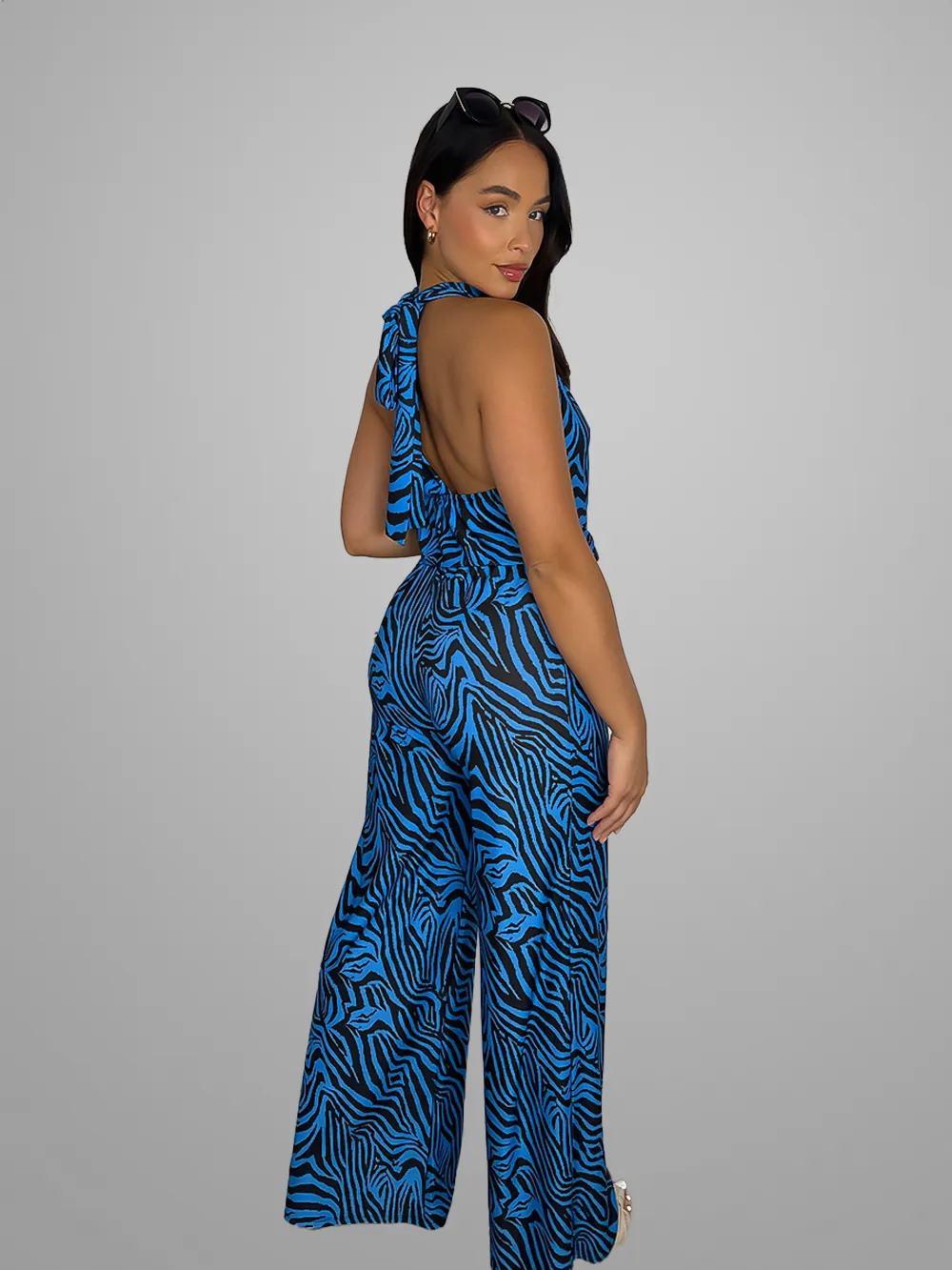 Slinky Tie Halter Neck Vibrant Pattern Jumpsuit