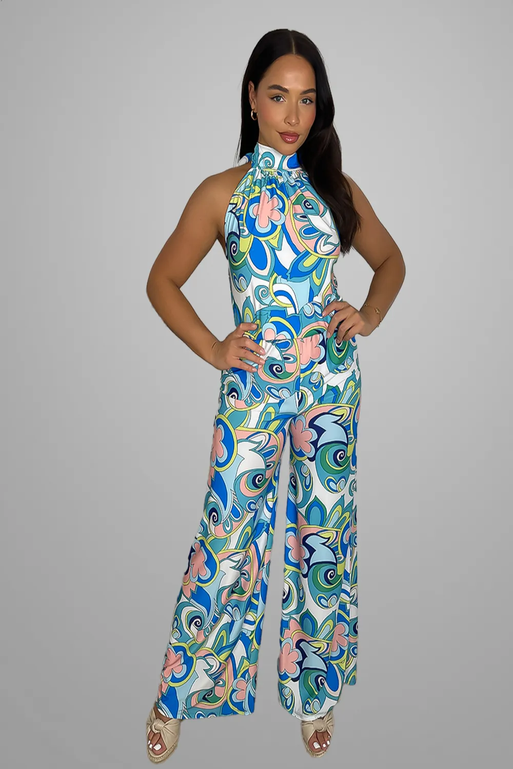 Slinky Tie Halter Neck Vibrant Pattern Jumpsuit