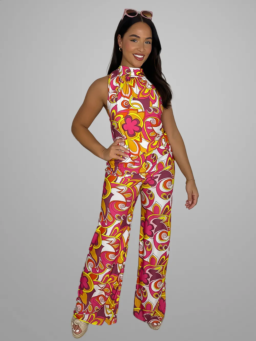 Slinky Tie Halter Neck Vibrant Pattern Jumpsuit