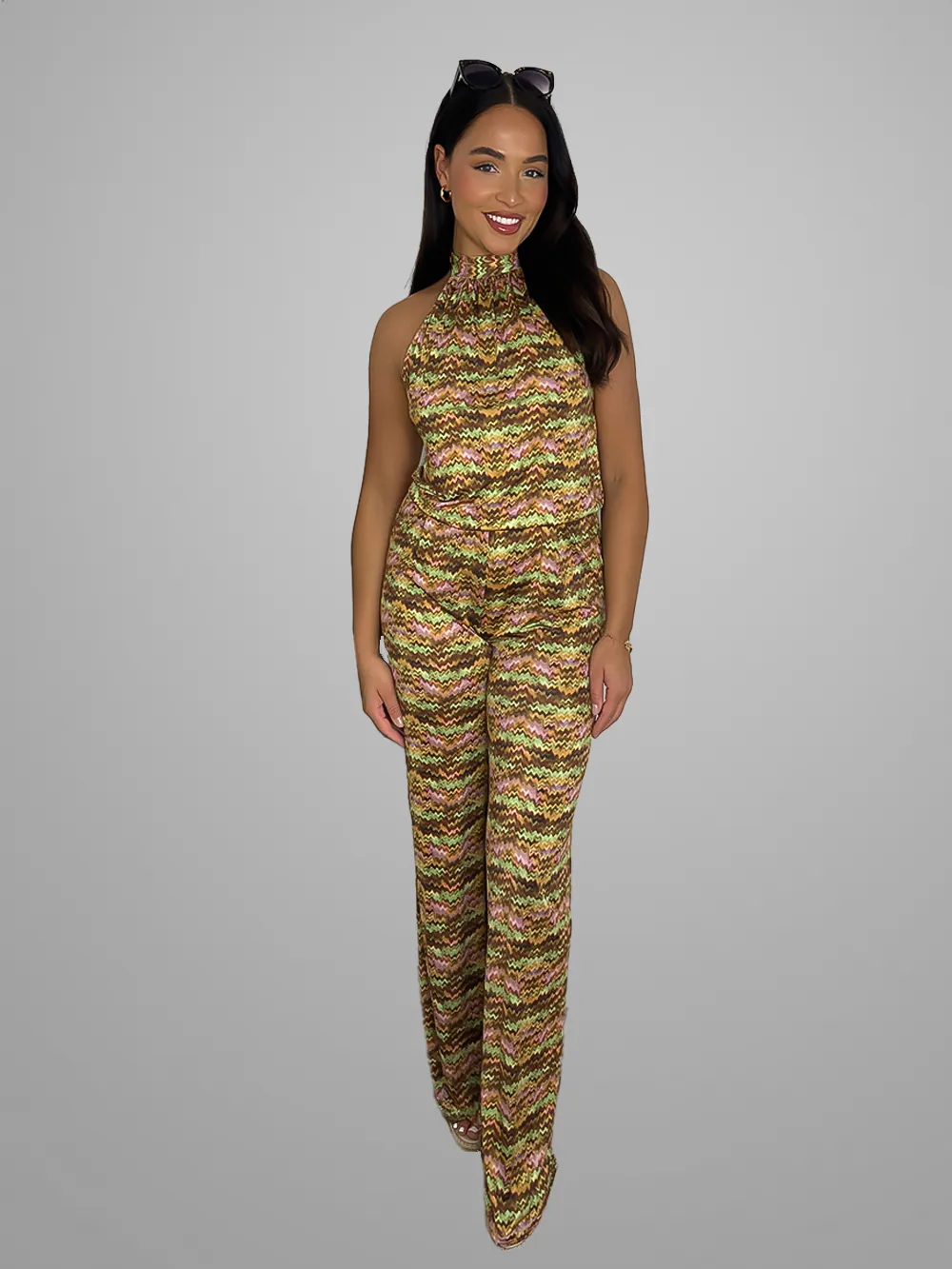 Slinky Tie Halter Neck Vibrant Pattern Jumpsuit