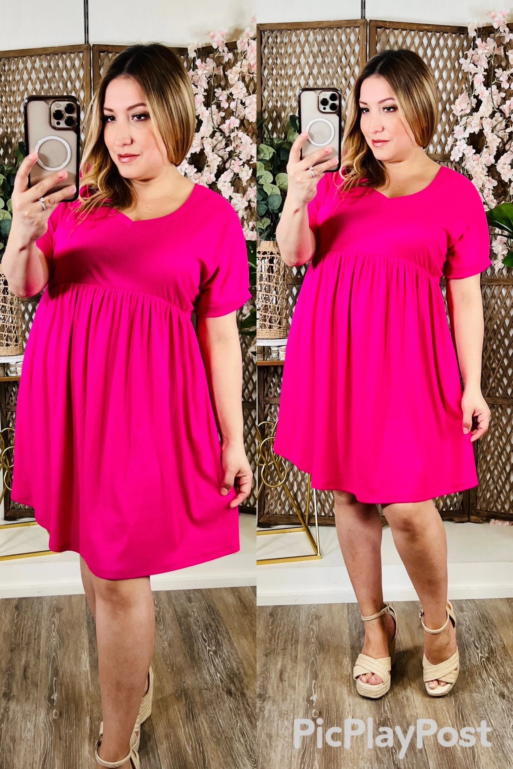 Solid Baby Doll V Neck Dress: Fuchsia