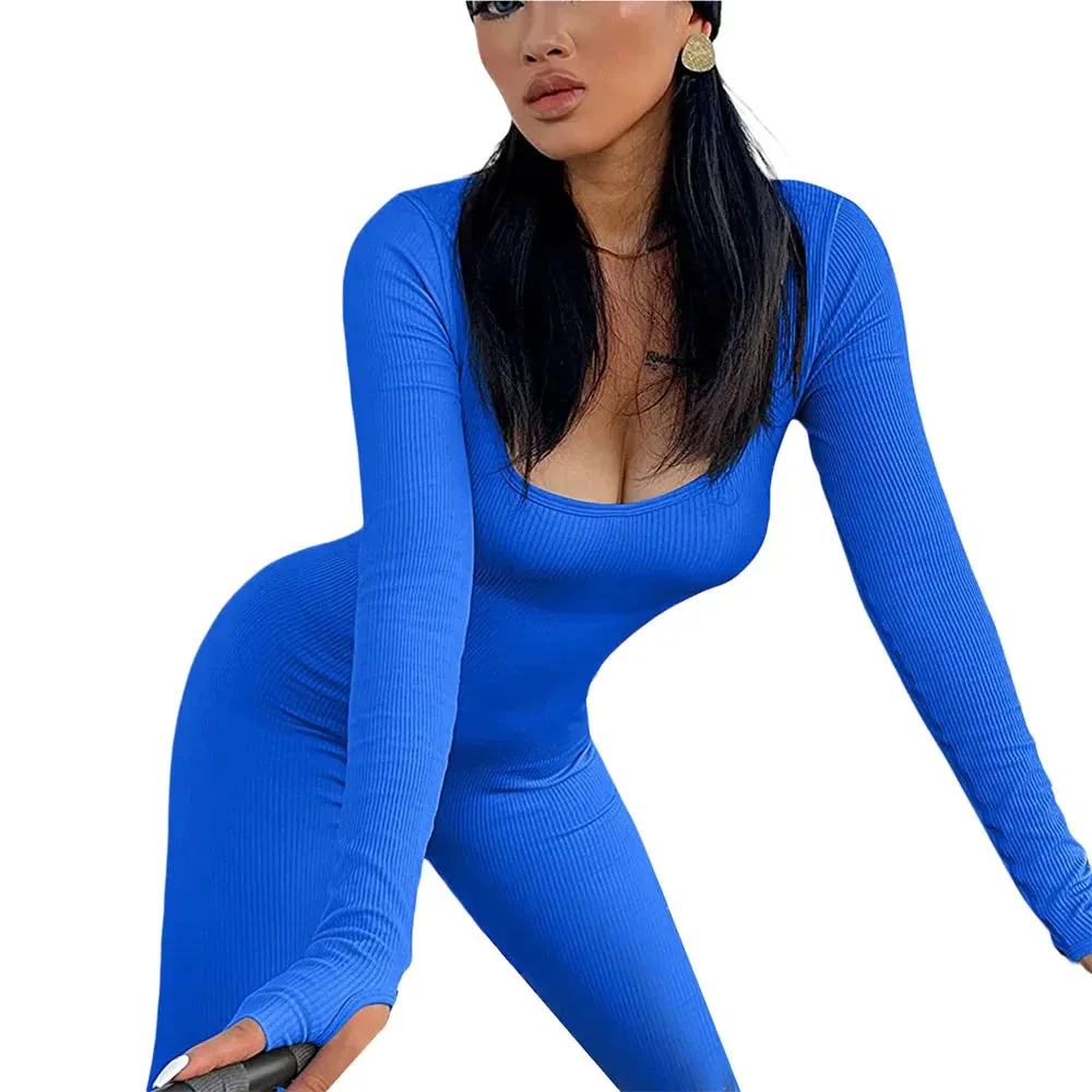 Solid Color Ribbed Knit Square Neck Gloves Long Sleeve Bodycon Jumpsuit