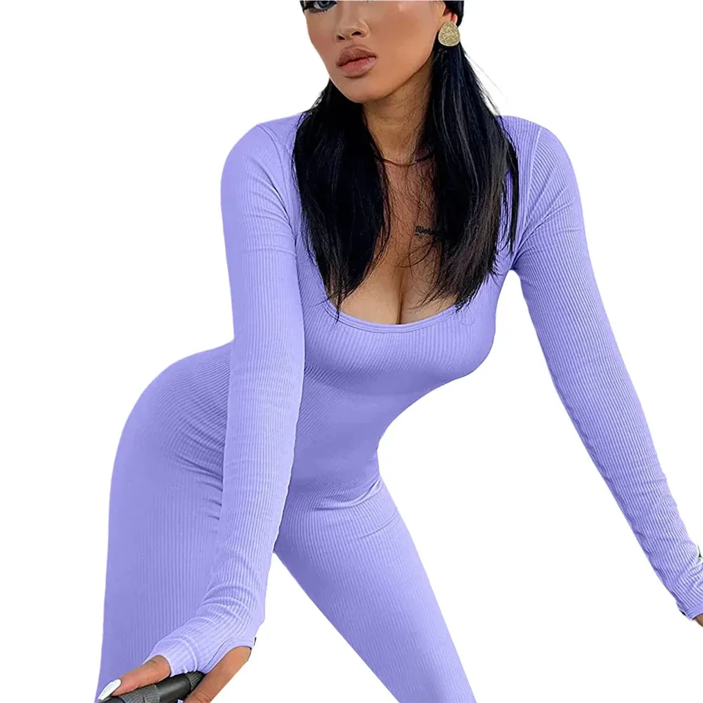 Solid Color Ribbed Knit Square Neck Gloves Long Sleeve Bodycon Jumpsuit