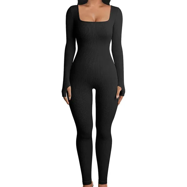 Solid Color Ribbed Knit Square Neck Gloves Long Sleeve Bodycon Jumpsuit