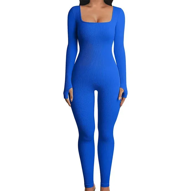 Solid Color Ribbed Knit Square Neck Gloves Long Sleeve Bodycon Jumpsuit