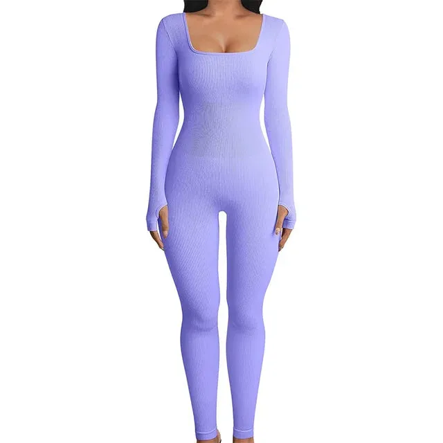 Solid Color Ribbed Knit Square Neck Gloves Long Sleeve Bodycon Jumpsuit