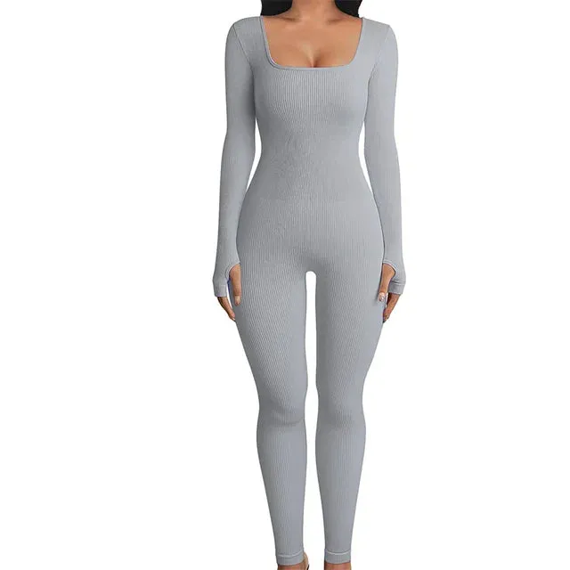 Solid Color Ribbed Knit Square Neck Gloves Long Sleeve Bodycon Jumpsuit