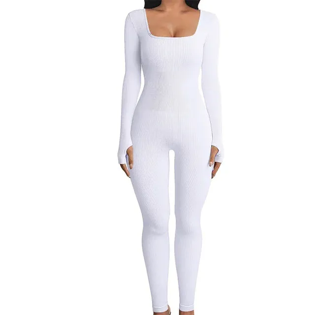 Solid Color Ribbed Knit Square Neck Gloves Long Sleeve Bodycon Jumpsuit