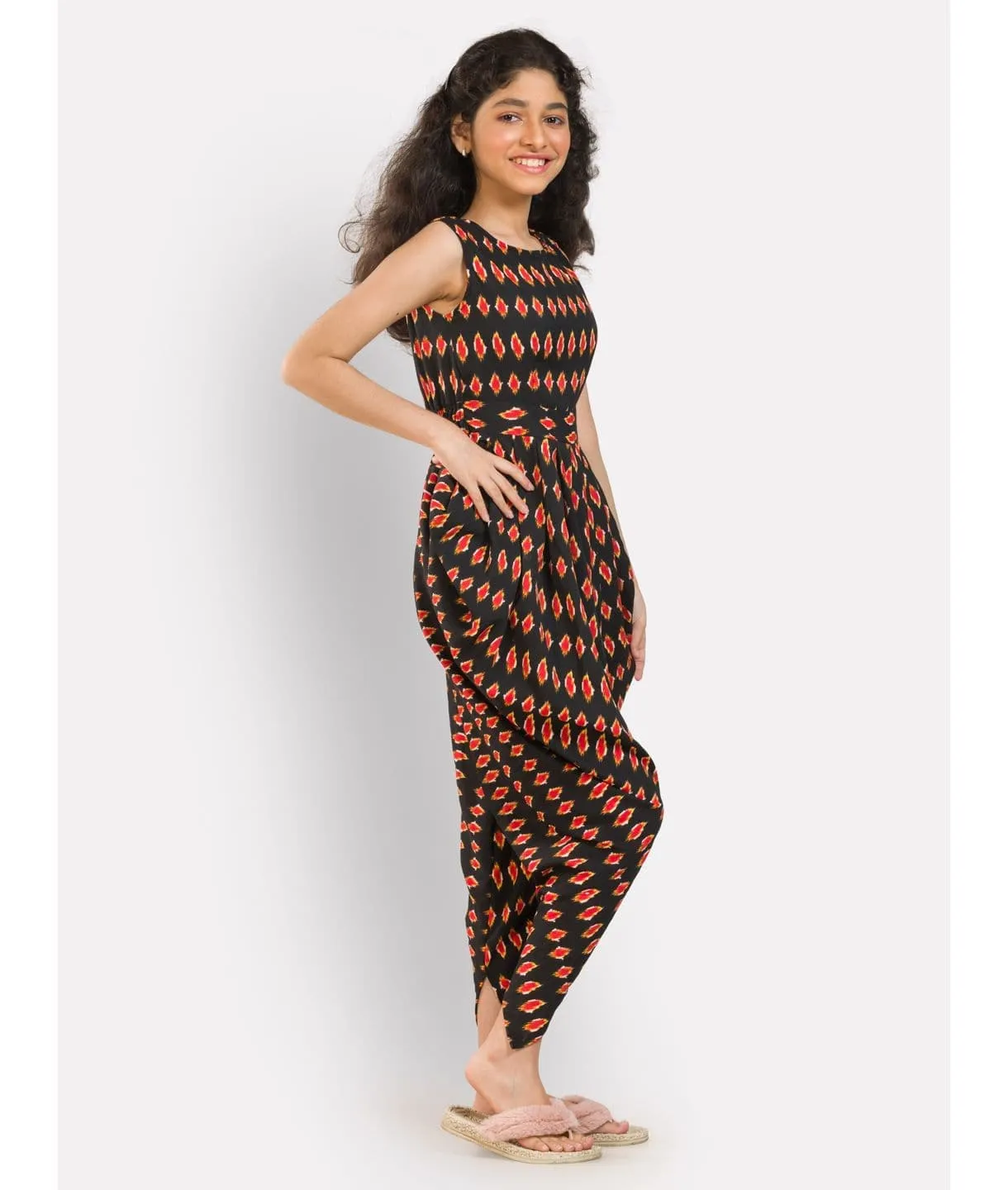 Solid Elasticated Dhoti Jumpsuit for Girls