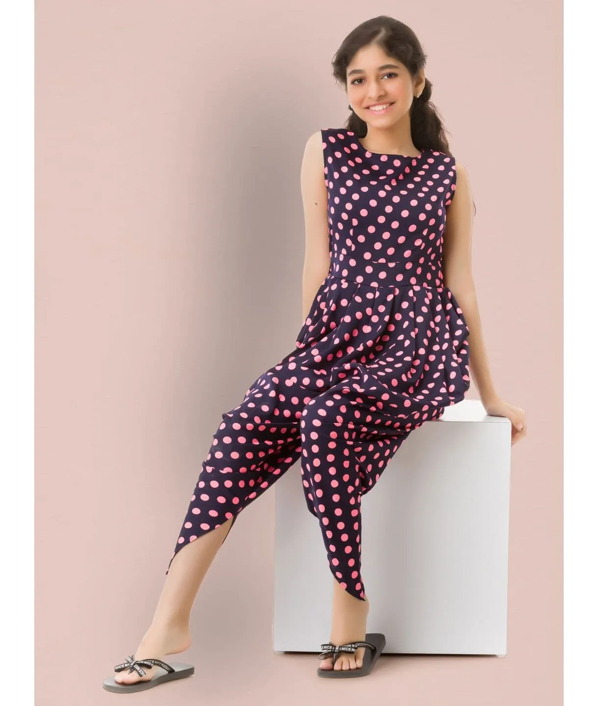 Solid Elasticated Dhoti Jumpsuit for Girls