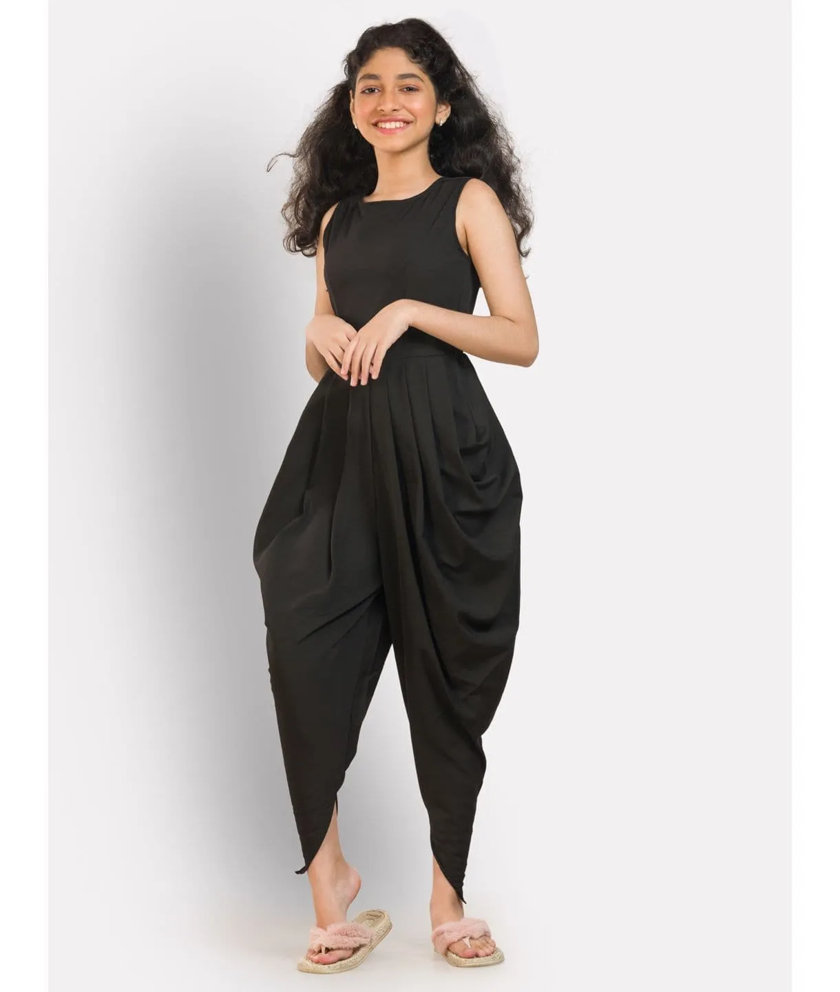 Solid Elasticated Dhoti Jumpsuit for Girls