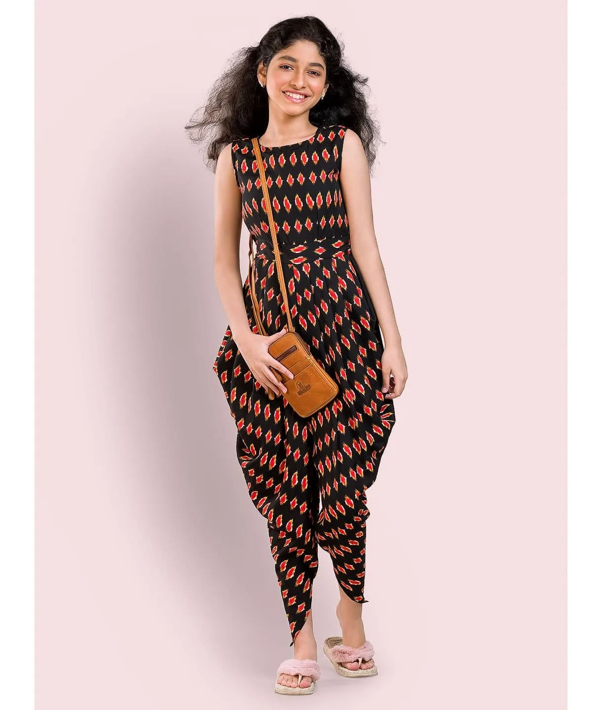 Solid Elasticated Dhoti Jumpsuit for Girls