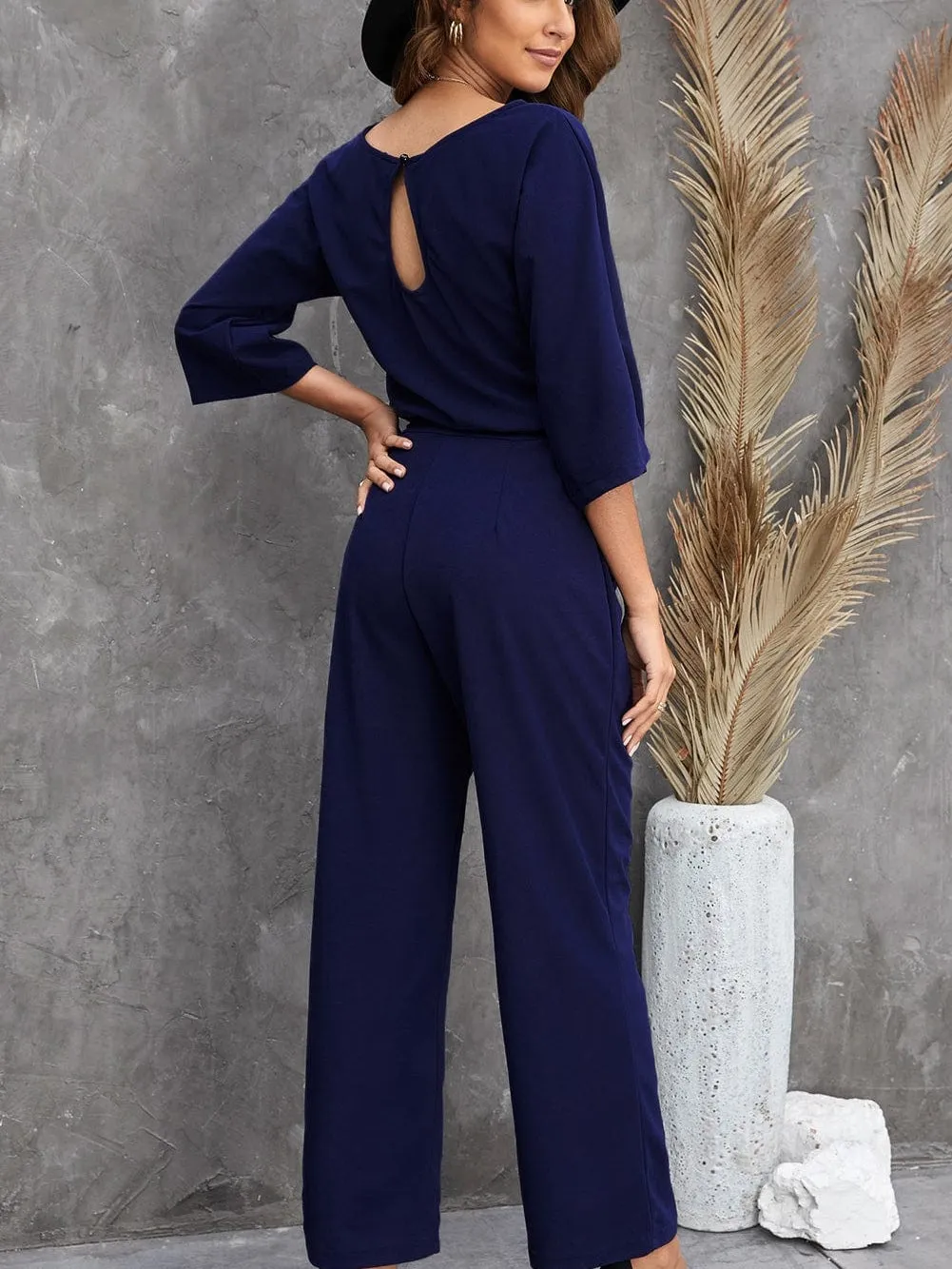 Solid High-necked Long-sleeved Casual Jumpsuit