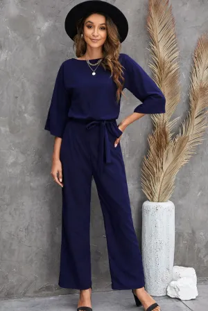 Solid High-necked Long-sleeved Casual Jumpsuit