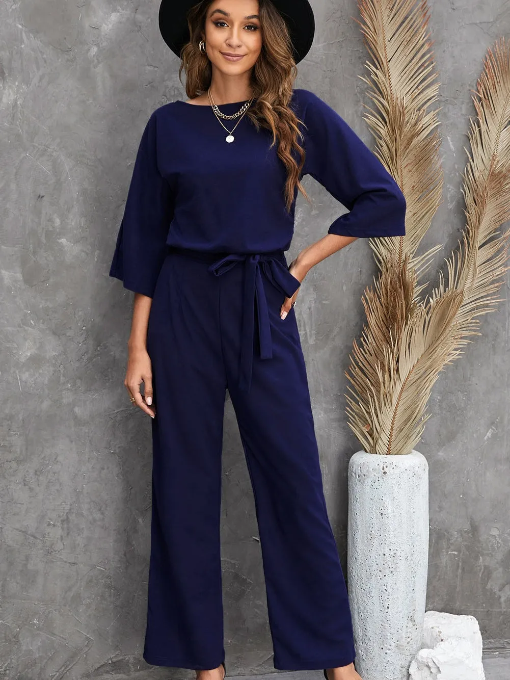 Solid High-necked Long-sleeved Casual Jumpsuit