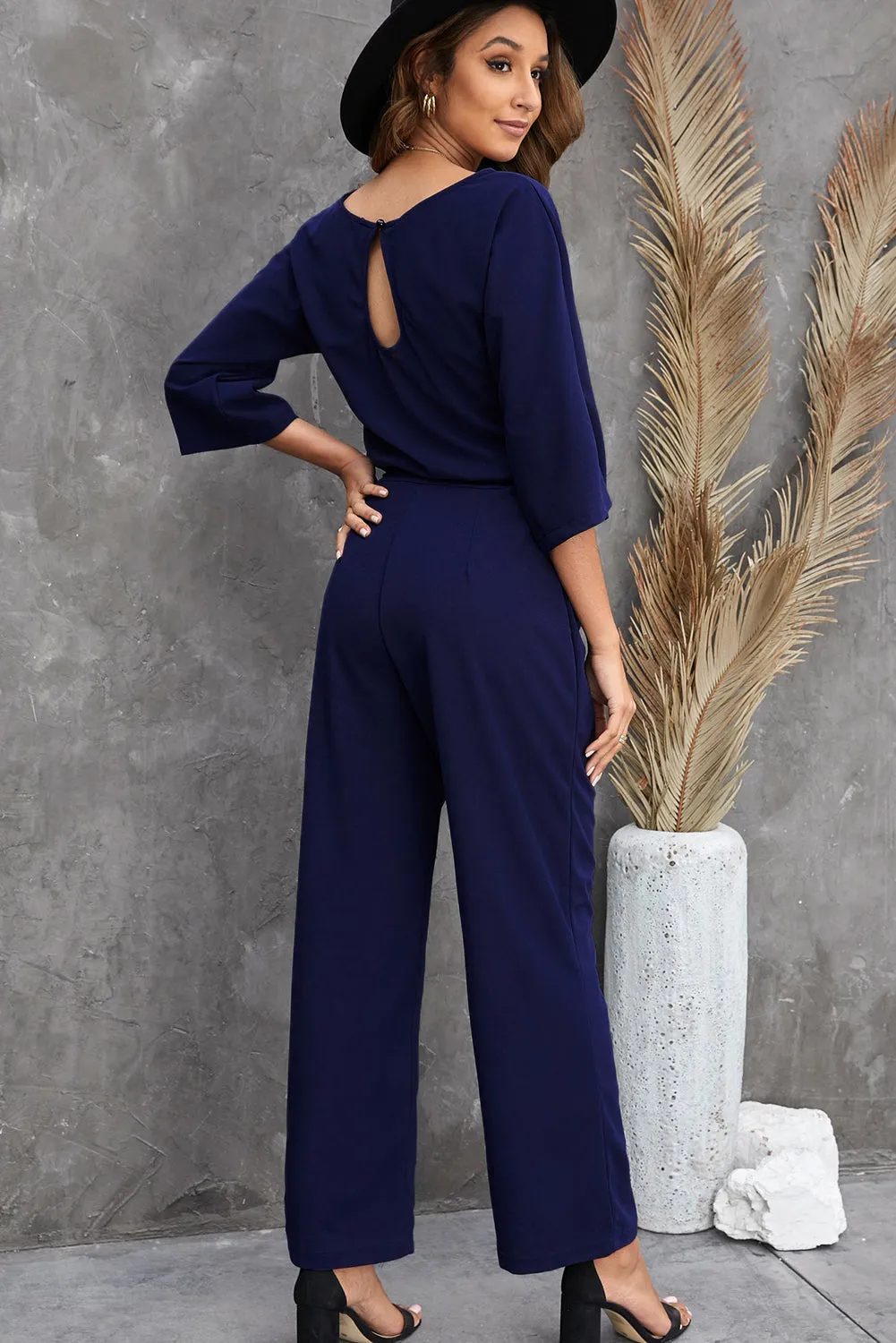 Solid High-necked Long-sleeved Casual Jumpsuit